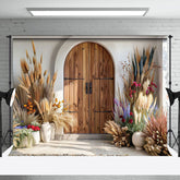 Aperturee - Aperturee Spring Boho Floral Retro Wooden Door Photo Backdrop